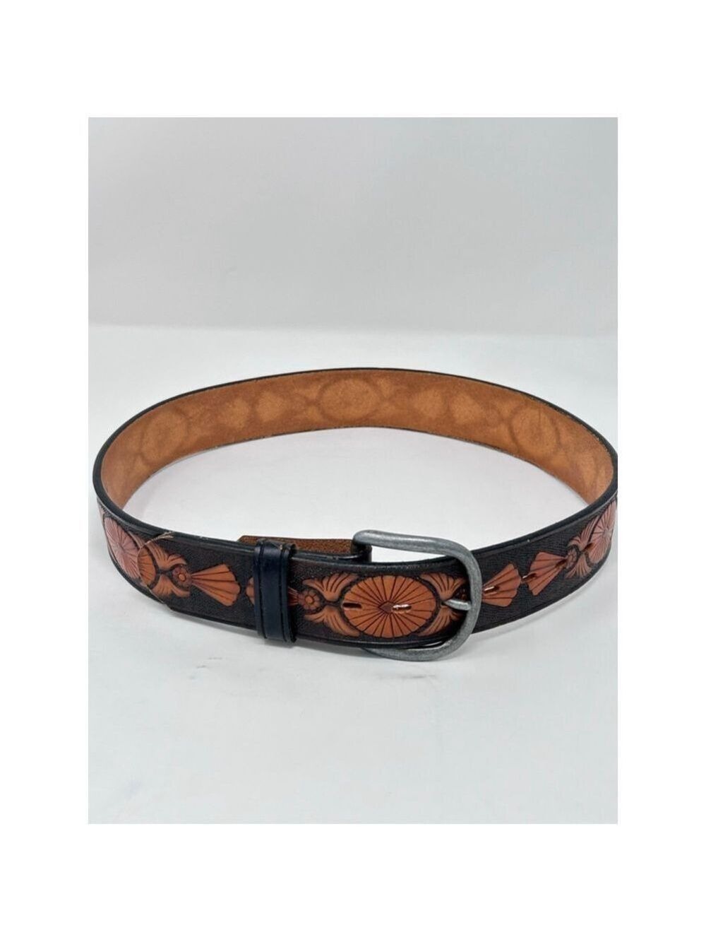 s Tooled Leather Belt WS628 Brown Black Western Unisex Made in USA 26/65